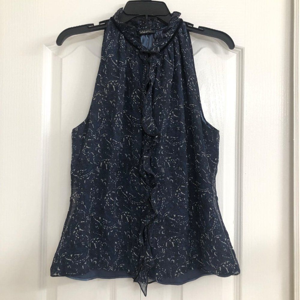 Tahari womens silk lined ruffle neck button front tank top blue Small